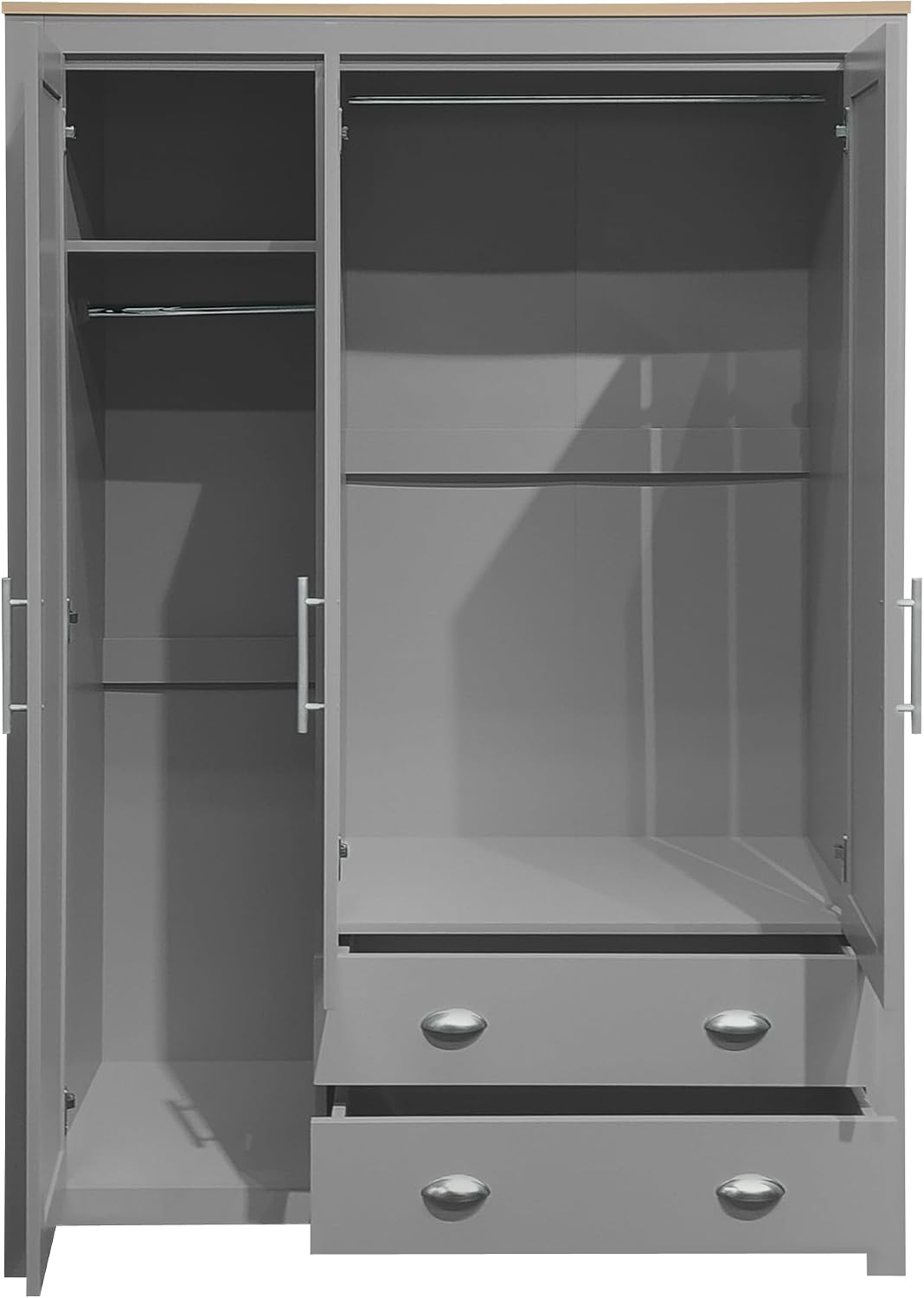 3 Doors Armoire Wardrobe Closet with 2 Drawers, 67.9" H Wooden Closet Wardrobe Cabinet with 2 Hanging Rods and Shelves, Freestanding Clothes Storage Cabinet for Bedroom, Gray