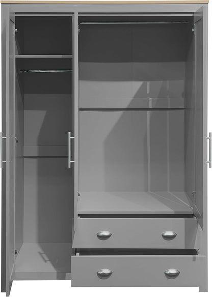 3 Doors Armoire Wardrobe Closet with 2 Drawers, 67.9" H Wooden Closet Wardrobe Cabinet with 2 Hanging Rods and Shelves, Freestanding Clothes Storage Cabinet for Bedroom, Gray
