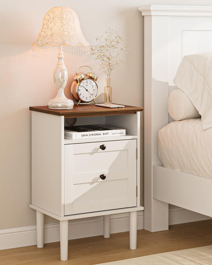Nightstand, Boho Night Stand with 1 Drawer, Modern Side Accent Table with Open Shelf, Wooden Top Bedside End Table for Bedroom, Living Room, Walnut