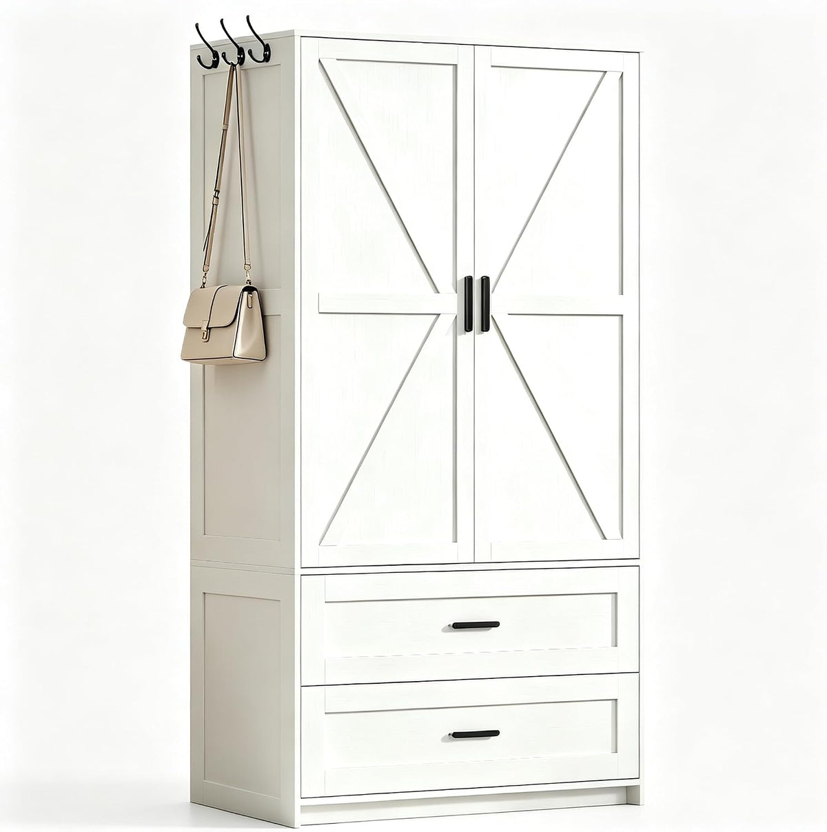 VVFLU 2 Doors Armoire Wardrobe with Mirror Motion Sensor LED Lights Wooden Bedroom Armoire with Removable Hanging Rod. Large Modern White Closet Equipped with 2 Drawers.