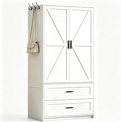 VVFLU 2 Doors Armoire Wardrobe with Mirror Motion Sensor LED Lights Wooden Bedroom Armoire with Removable Hanging Rod. Large Modern White Closet Equipped with 2 Drawers.
