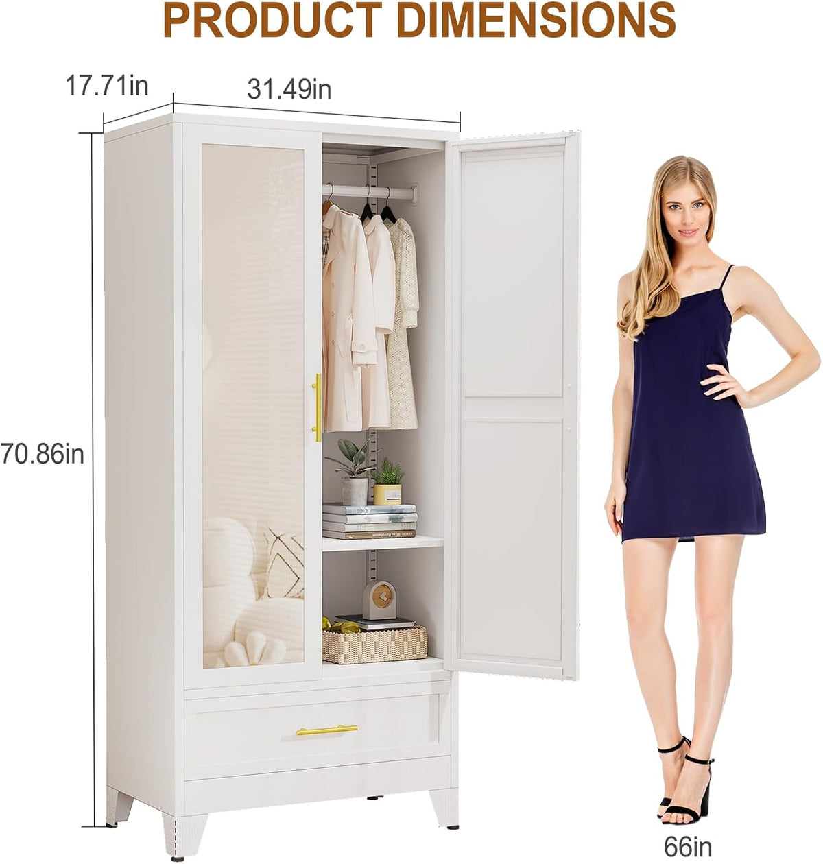 Metal Armoire Wardrobe Closet Storage Cabinet with Mirror White, 71'' Wardrobe Cabinet with Hanging Rod Metal Closet with Adjustable Shelf and Drawer for Bedroom, Laundry Room, Cloak Room