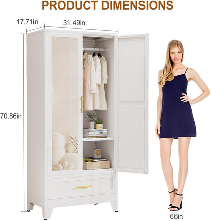 Metal Armoire Wardrobe Closet Storage Cabinet with Mirror White, 71'' Wardrobe Cabinet with Hanging Rod Metal Closet with Adjustable Shelf and Drawer for Bedroom, Laundry Room, Cloak Room