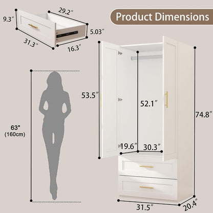 White Armoire Wardrobe Closet with 2 Drawers, 75" Tall x 31.5" Wide