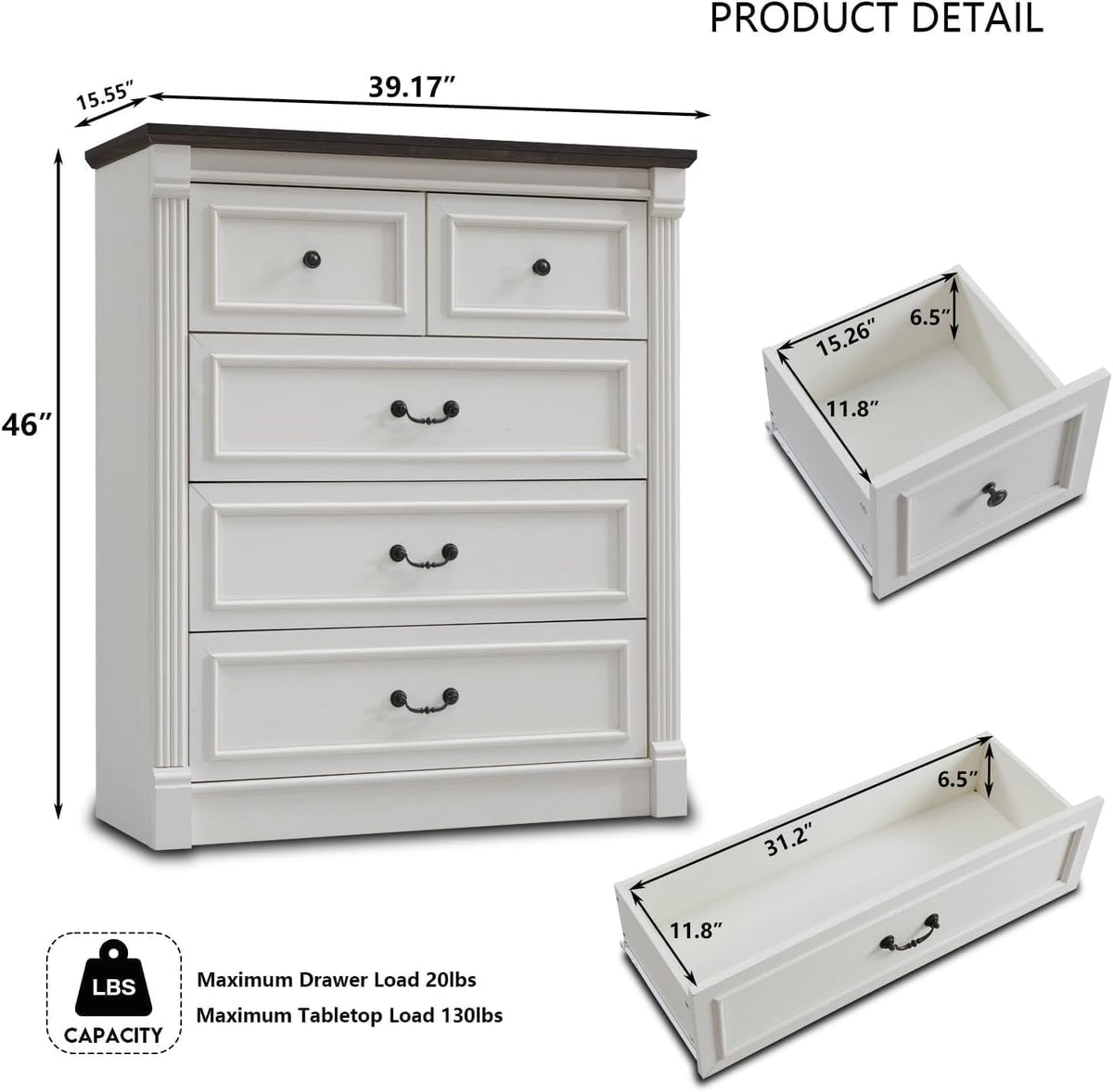 Aitjunz Farmhouse 46" Tall 5 Drawers Dresser for Bedroom, Antique White