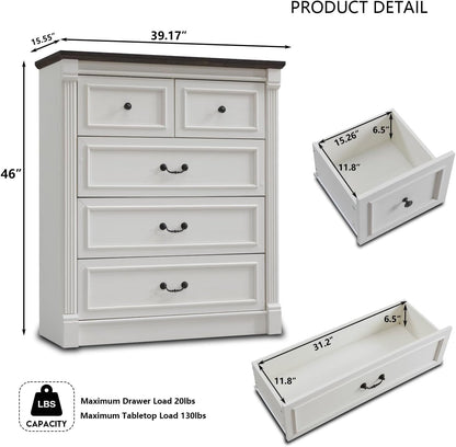 Aitjunz Farmhouse 46" Tall 5 Drawers Dresser for Bedroom, Antique White
