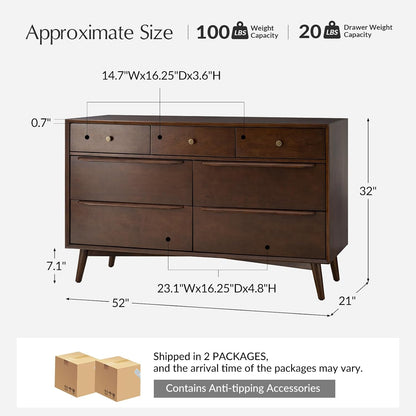 HULALA HOME 7 Drawer Dresser for Bedroom, 52" Wide Mid-Century Modern Chest of Drawers with Built-in Drawer Dividers, Wooden Bedroom Drawer Dresser, Solid Wood Legs with Adjustable Feet(Walnut)