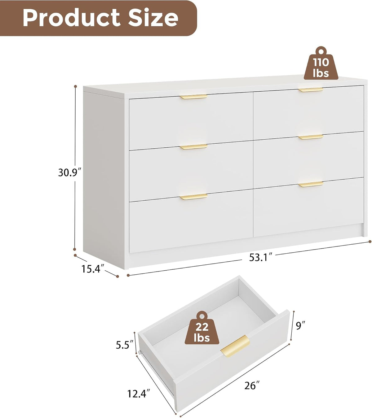 MapleGrace 53" Wide 6 Drawer Dresser for Bedroom, Modern Simple Wood Dresser Chest of Drawers Closet Store Organizer for Living Room, Hallway (White, 15.4" D x 53.1" W x 30.9" H (6 Drawers))