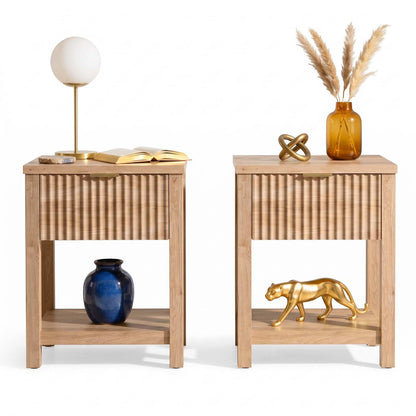 Fluted Nightstand Set of 2 with Faux Marble Top,Natural Oak