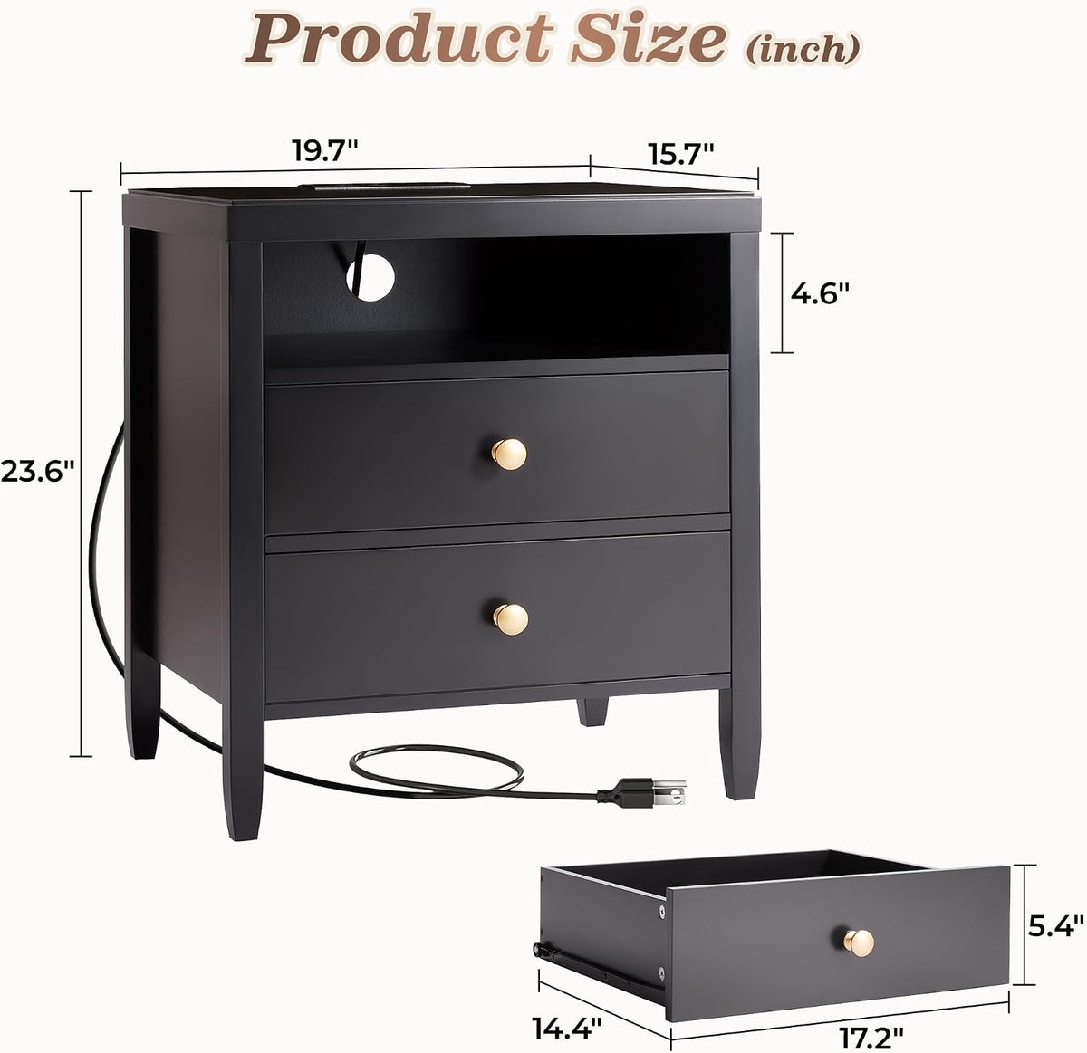 Huuger Black Nightstand Set of 2, Night Stand with Charger Station