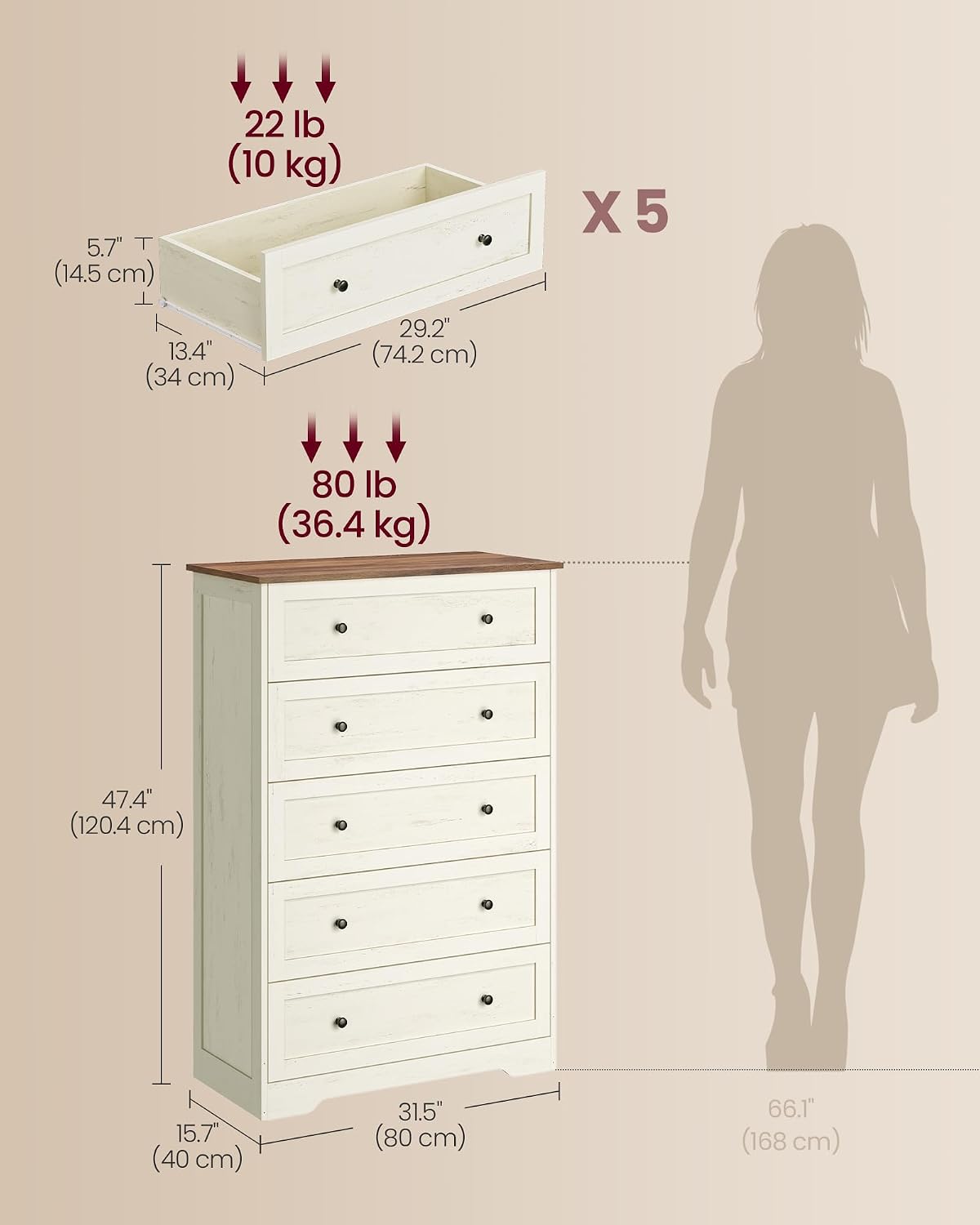 VASAGLE 5-Drawer Dresser, Chest of Drawers, 31.5 x 15.7 x 47.4 in