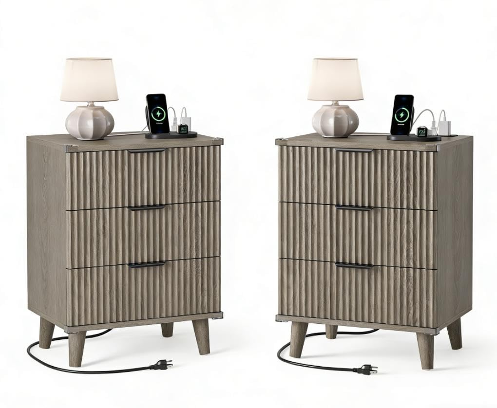 Night Stand Set 2, Fluted Wood Nightstands w/Charging Station for Bedroom