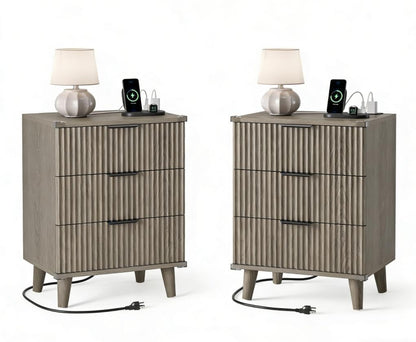 Night Stand Set 2, Fluted Wood Nightstands w/Charging Station for Bedroom