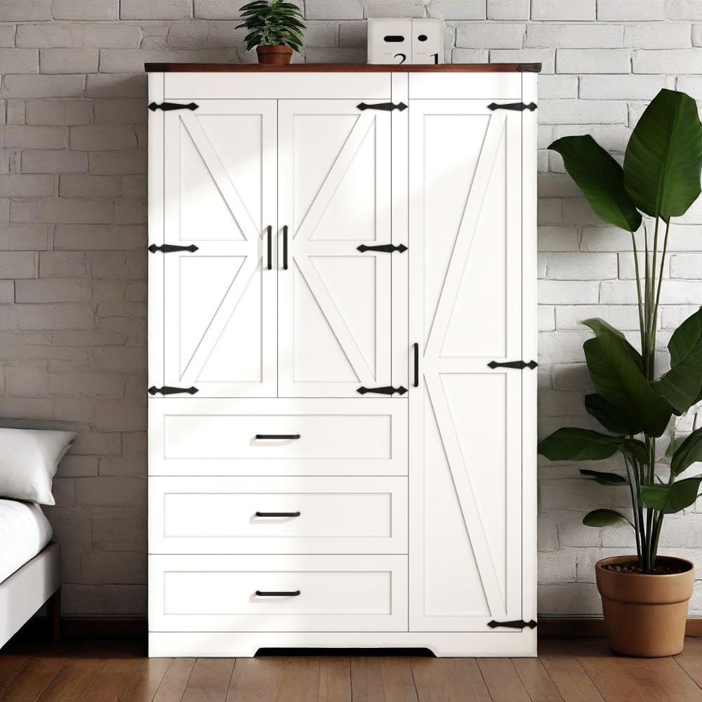 70" Tall Armoire Wardrobe Closet with 4 Doors & 3 Drawers, Farmhouse Bedroom Storage Cabinet with Hanging Rod, Freestanding Wooden Armoire Wardrobe Closet, Brown