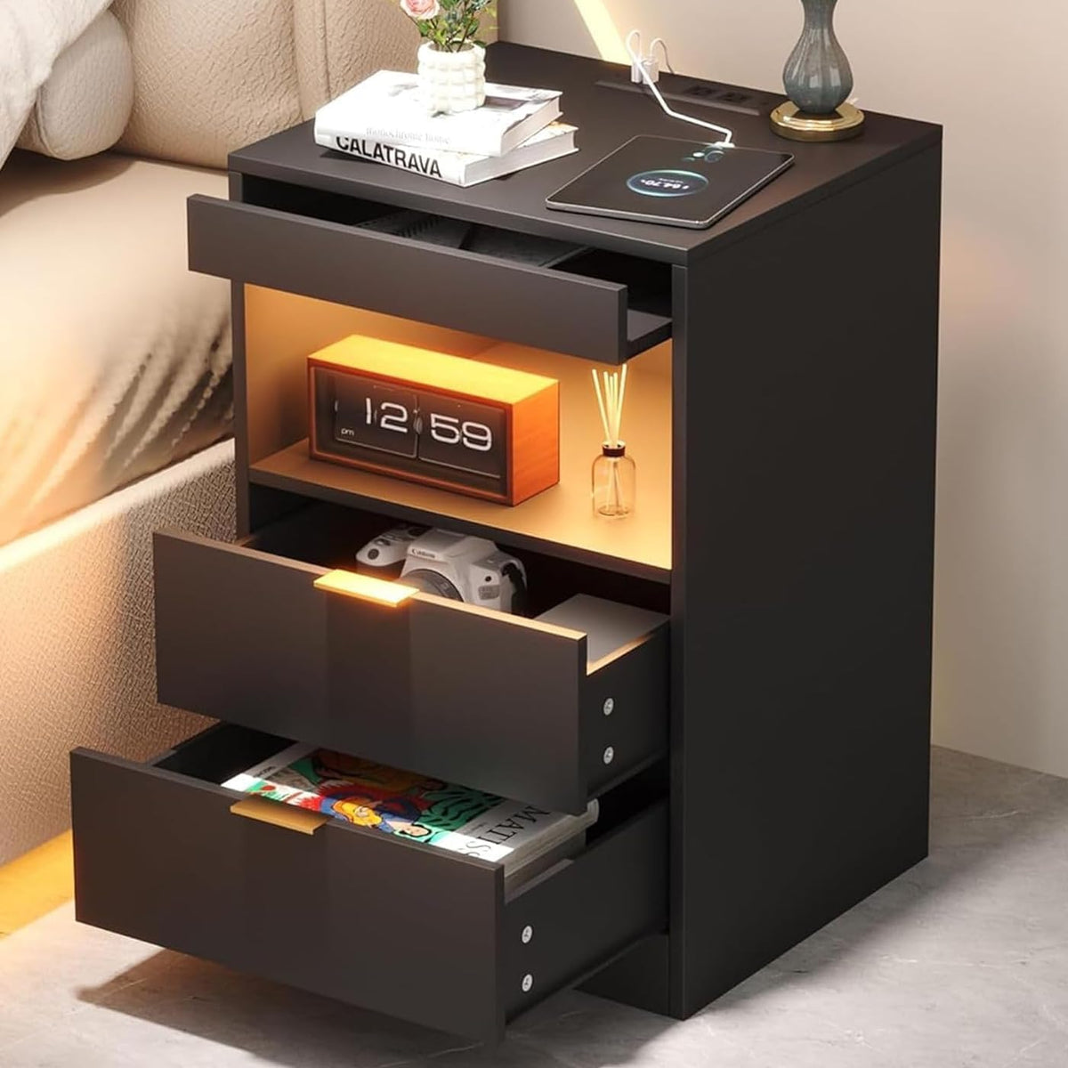 Yusong RGB LED Nightstand with Charging Station, Black