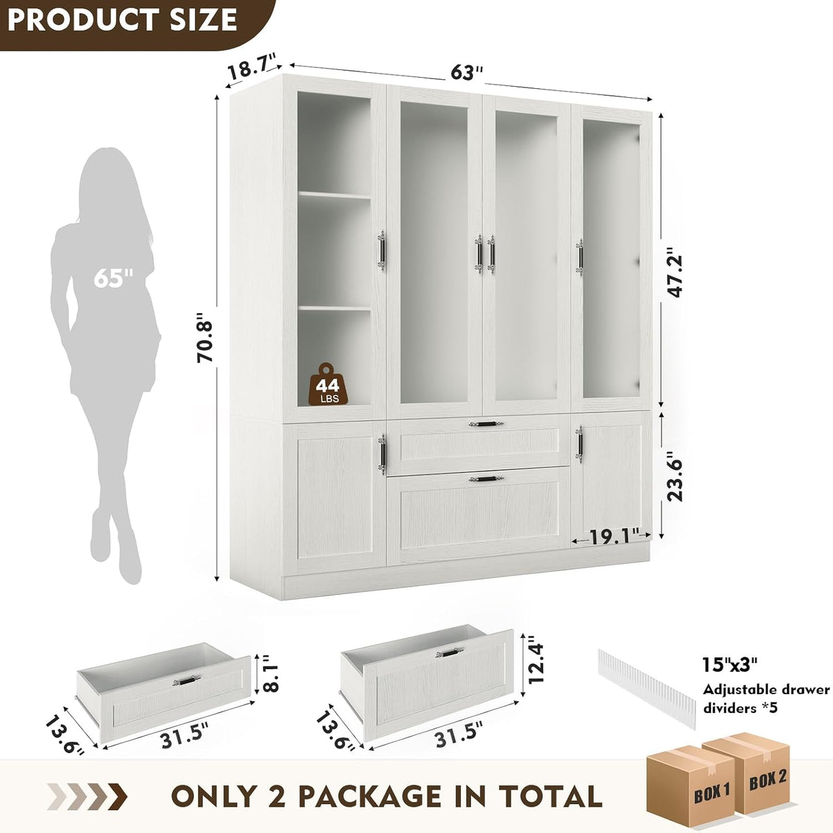 MEISSALIVVE 6 Door Armoire Wardrobe Closet with Frosted Glass Door, 70.9''H Clothing Storage Cabinet with Hanging Rod & 2 Drawers, Adjustable Shelves, Clothes Wardrobe Armoire for Bedroom, Wood Grain