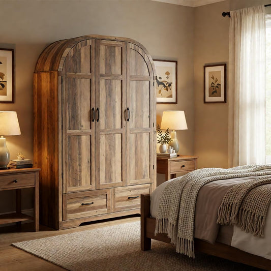 Squireewo 3 Doors Armoire Wardrobe Closet with Mirror and Lights, 71" Farmhouse Arched Wooden Wardrobe Cabinet with 2 Drawers,Hanging Rod, Clothing Storage Closet Cabinet for Bedroom,Light Rustic Oak