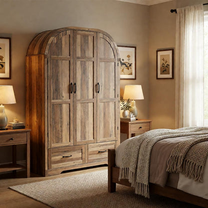 Squireewo 3 Doors Armoire Wardrobe Closet with Mirror and Lights, 71" Farmhouse Arched Wooden Wardrobe Cabinet with 2 Drawers,Hanging Rod, Clothing Storage Closet Cabinet for Bedroom,Light Rustic Oak