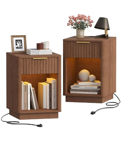 Akxomel Fluted Nightstand Set 2 Bedside Table with Charging Station Black