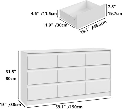 Furniouse Modern 9 Large Storage Drawers Dresser for Clothes Organizer, White Modern Chest of Drawers for Closet, 60" Long Drawer Organizer Cabinet for Bedroom,Living Room,Entryway,Hallway