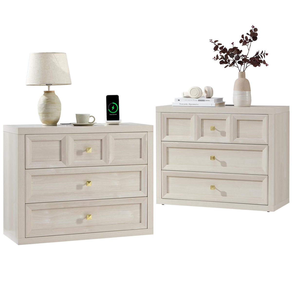 Nightstand Set of 2 W/Charging Station, 30.7" W King Size Bedside Table with 3 Drawers, Accent End Table W/Large Storage, Modern Wood Side Table for Bedroom,Office, Beige