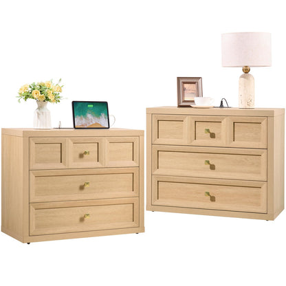Nightstand Set of 2 W/Charging Station, 30.7" W King Size Bedside Table with 3 Drawers, Accent End Table W/Large Storage, Modern Wood Side Table for Bedroom,Office, Beige