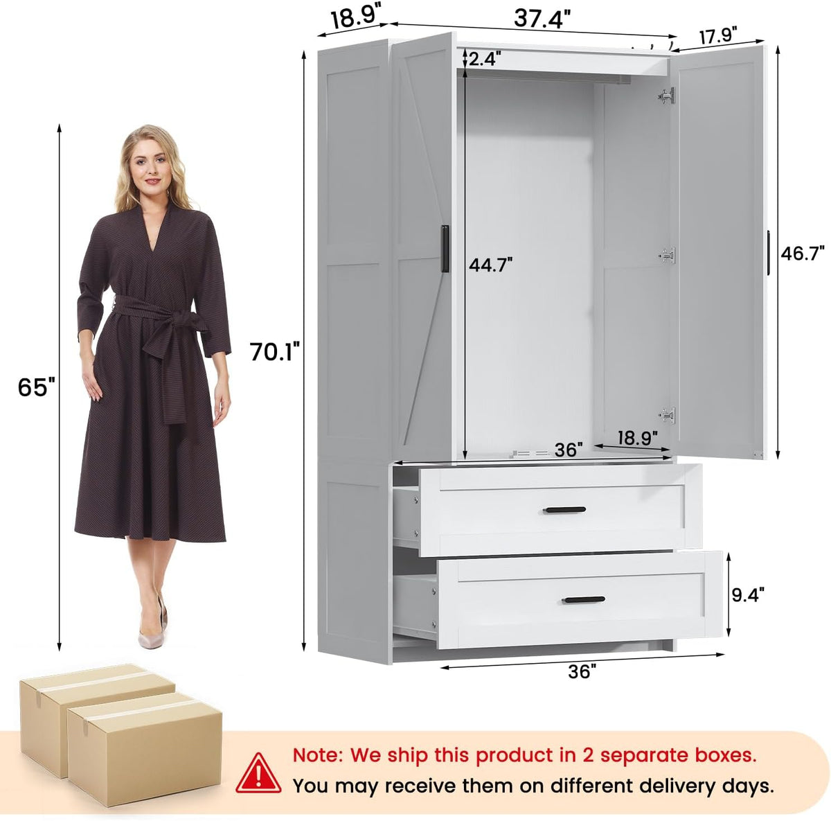 VVFLU 2 Doors Armoire Wardrobe with Mirror Motion Sensor LED Lights Wooden Bedroom Armoire with Removable Hanging Rod. Large Modern White Closet Equipped with 2 Drawers.