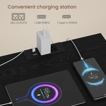 Nightstands Set of 2 with Charging Station, LED Lights and Drawer, Black