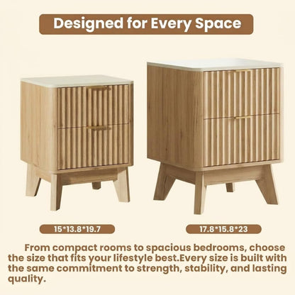 Fluted Nightstand Set of 2 with Faux Marble Top,Natural Oak