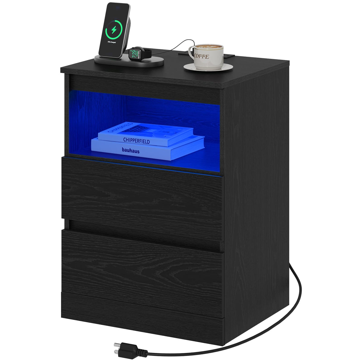 Nightstands Set of 2 with Charging Station, LED Lights and Drawer, Black