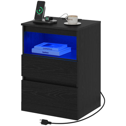 Nightstands Set of 2 with Charging Station, LED Lights and Drawer, Black