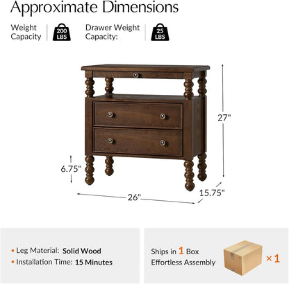 HULALA HOME 26" End Tables Set of 2 with Charging Station, Transitional 2 Drawer Wood Endtables with Pull-Out Shelf and Open Storage Space, Large Side Tables with Solid Wood Spindle Legs, Walnut