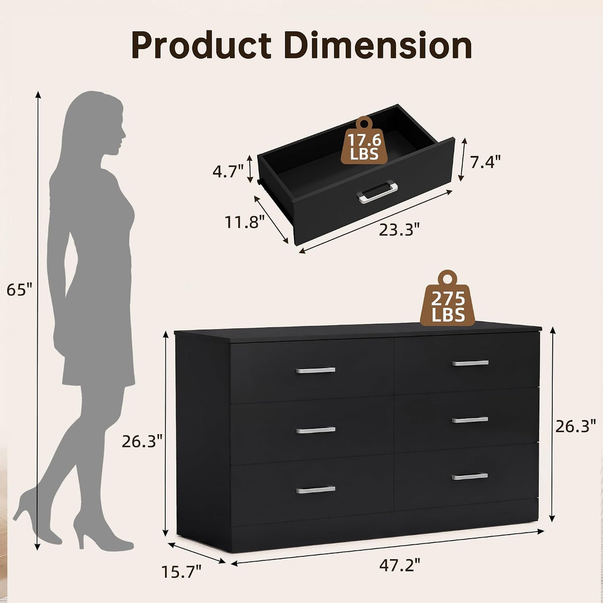 YESHOMY 6 Dressers for Bedroom, Chest of Drawers, Dark Black