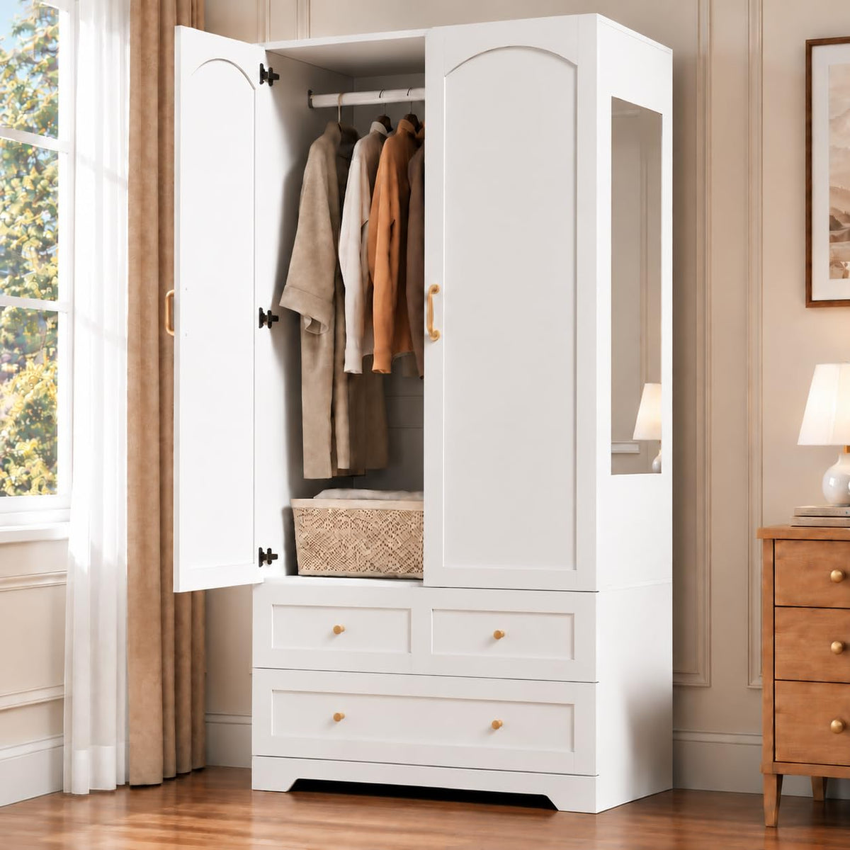 Armoire Wardrobe Closet with 2 Drawers & Mirror, White