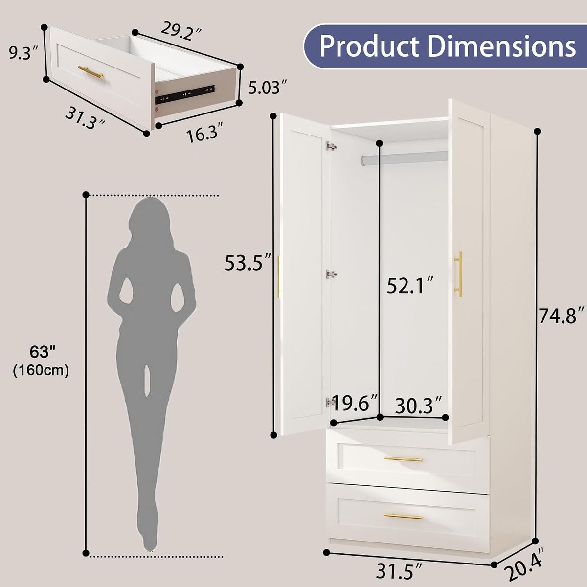 White Wardrobe Closet with 4 Drawers and 4 Doors, 75" H x 63" W