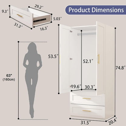 White Wardrobe Closet with 4 Drawers and 4 Doors, 75" H x 63" W