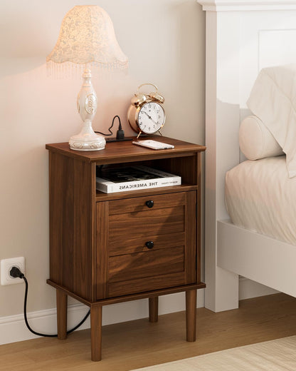 Nightstand, Boho Night Stand with 1 Drawer, Modern Side Accent Table with Open Shelf, Wooden Top Bedside End Table for Bedroom, Living Room, Walnut