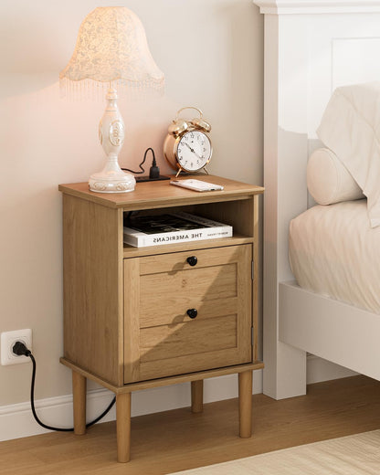 Nightstand, Boho Night Stand with 1 Drawer, Modern Side Accent Table with Open Shelf, Wooden Top Bedside End Table for Bedroom, Living Room, Walnut