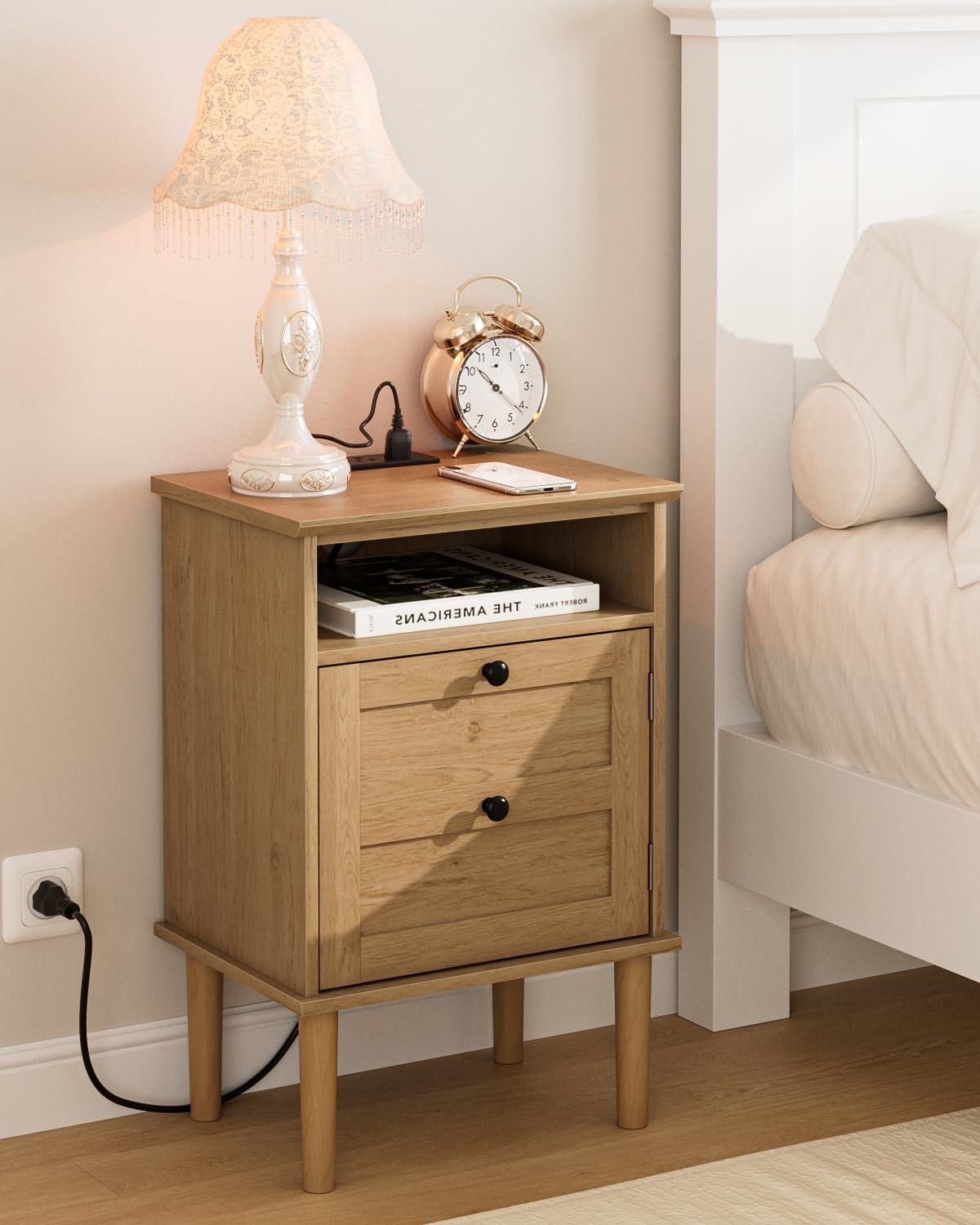 Nightstand, Boho Night Stand with 1 Drawer, Modern Side Accent Table with Open Shelf, Wooden Top Bedside End Table for Bedroom, Living Room, Walnut
