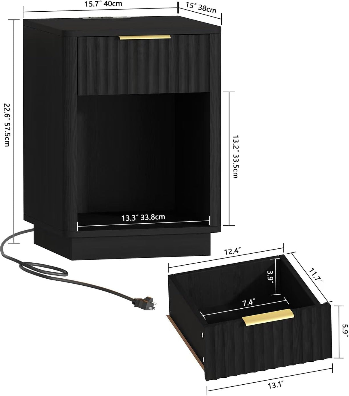 Akxomel Fluted Nightstand Set 2 Bedside Table with Charging Station Black