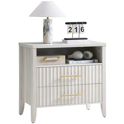 Fluted Nightstand Set of 2 with Charging Station, 23.7" Wide Modern End Table with 2 Drawers, Wooden Bedside Table for Bedroom, Curved Profile Design, Natural