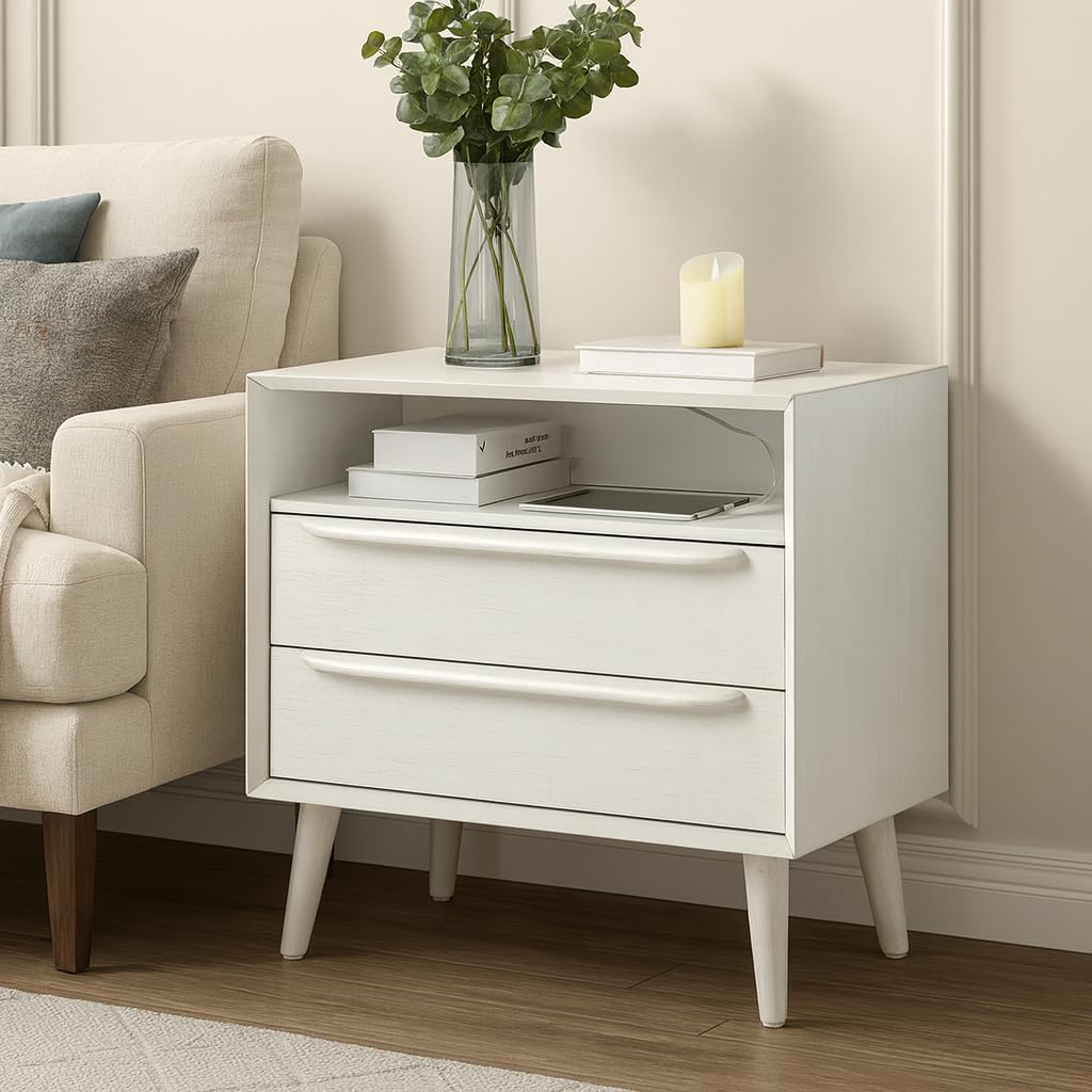 HULALA HOME End Table with Charging Station, 2 Drawers, Set of 2, Acorn