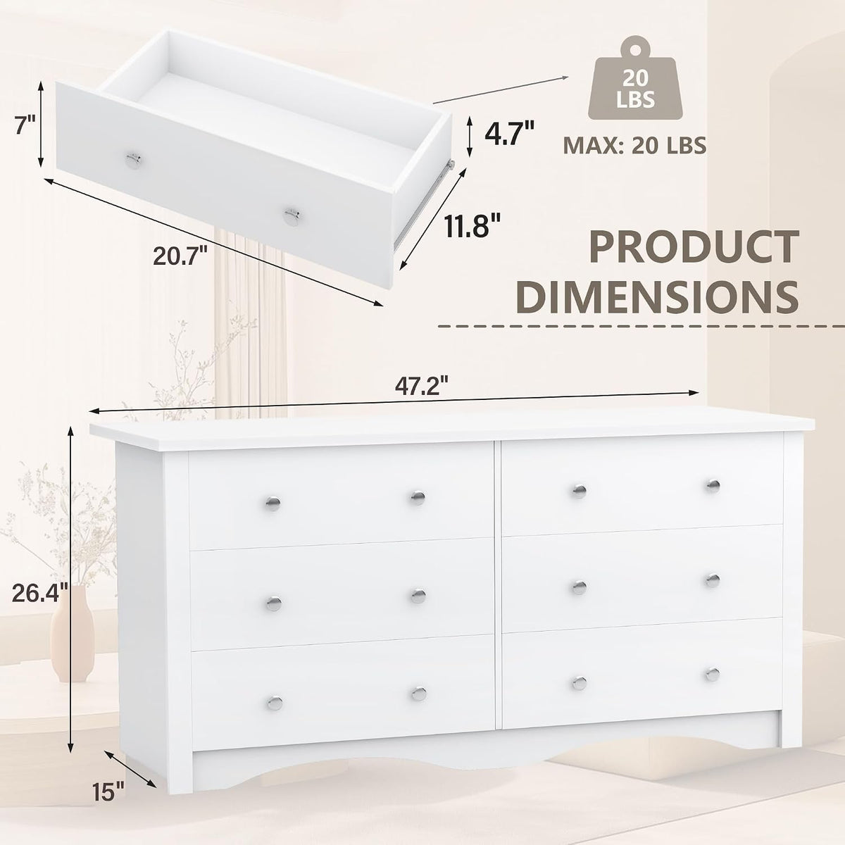 YESHOMY White Dresser for Bedroom with 6 Drawer, 47.2" Organizer Drawers