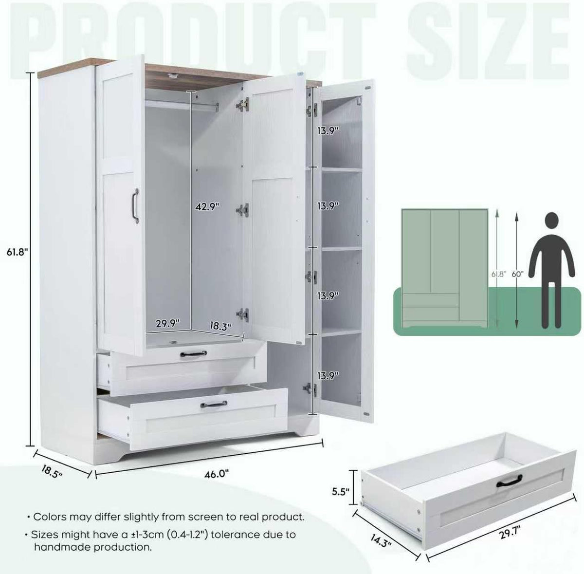 XIAO WEI Armoire Wardrobe Closet with 3 Door, Bedroom Wooden Armoires with Full Length Mirror, Large Clothing Storage Cabinet 2 Drawers, Hanging Rod, Shelves (White, 3 Door)