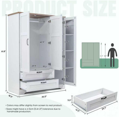 XIAO WEI Armoire Wardrobe Closet with 3 Door, Bedroom Wooden Armoires with Full Length Mirror, Large Clothing Storage Cabinet 2 Drawers, Hanging Rod, Shelves (White, 3 Door)