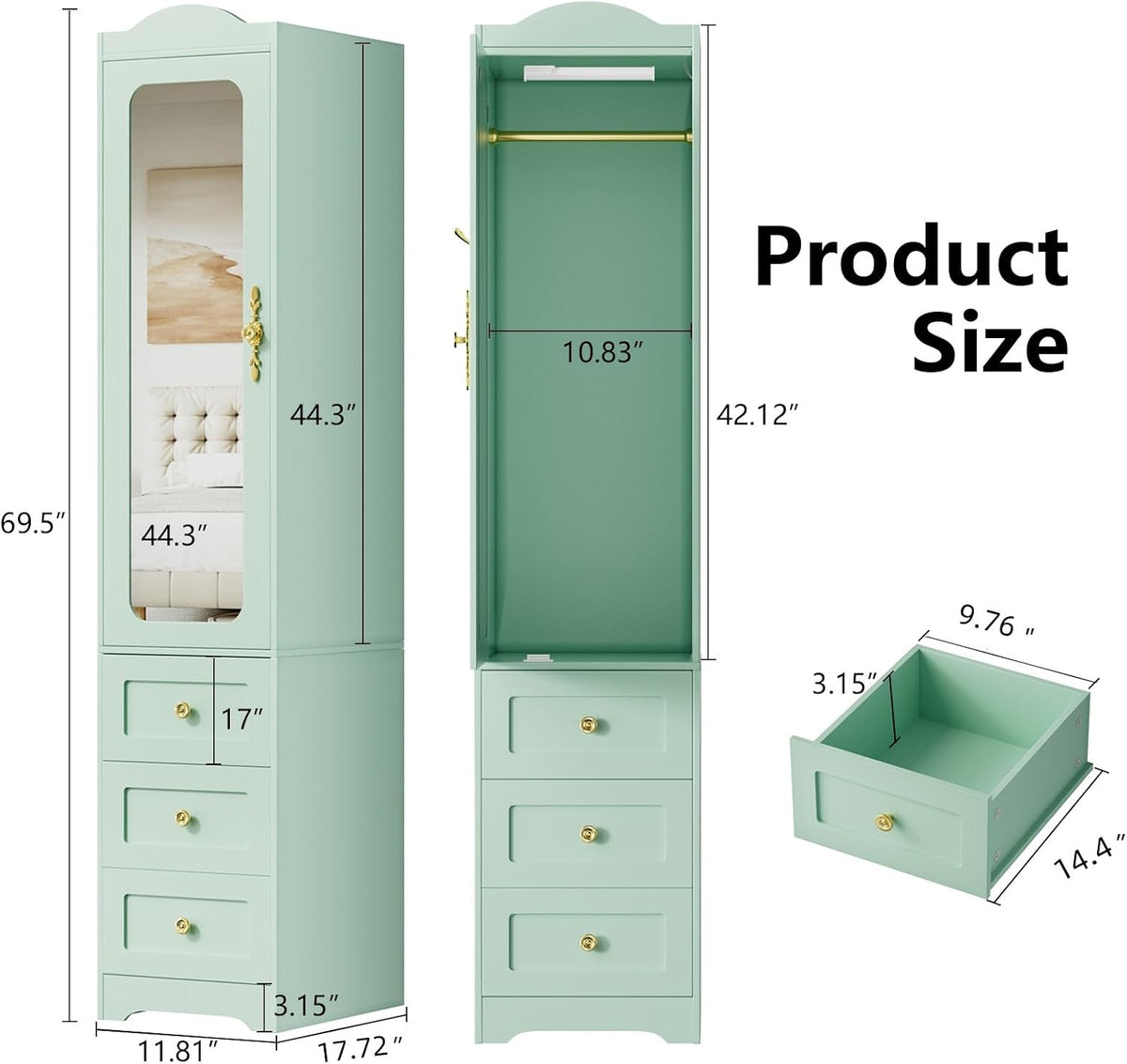 Armoire Wardrobe Closet, Green Bedroom Armoires Cabinet with Mirror Door and 6 Drawers, 69.5" H Wood Clothing Storage Cabinet with Hanging Rod & Sensor Light for Bedroom-(Left+Right)