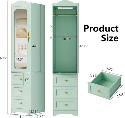 Armoire Wardrobe Closet, Green Bedroom Armoires Cabinet with Mirror Door and 6 Drawers, 69.5" H Wood Clothing Storage Cabinet with Hanging Rod & Sensor Light for Bedroom-(Left+Right)