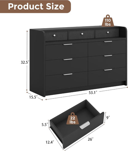 MapleGrace 53'' Wide 9 Drawer Dresser for Bedroom, Wood TV Stand Dresser with Power Outlets & LED Light, Chest of Drawers Closet Store Organizer for Living Room, Hallway, Black
