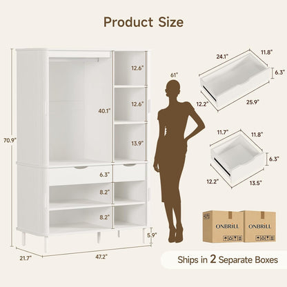 Armoire Wardrobe Closet with Sliding Doors, 71" Bedroom Armoires, White