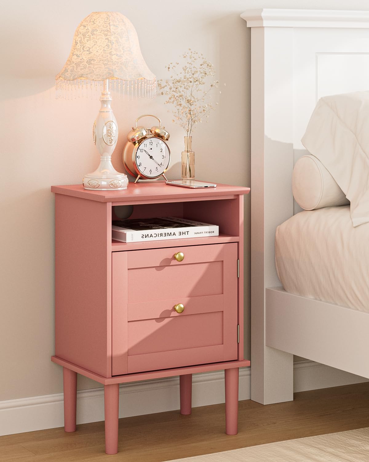 Nightstand, Boho Night Stand with 1 Drawer, Modern Side Accent Table with Open Shelf, Wooden Top Bedside End Table for Bedroom, Living Room, Walnut